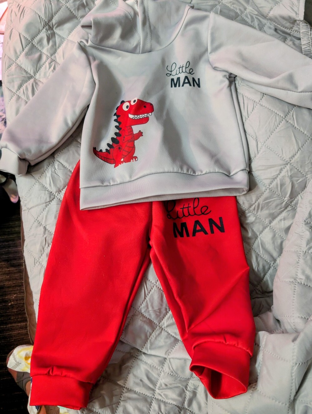 Size 1-2Y Gray & Red "Little Man" Dino Sweatshirt and Joggers Set